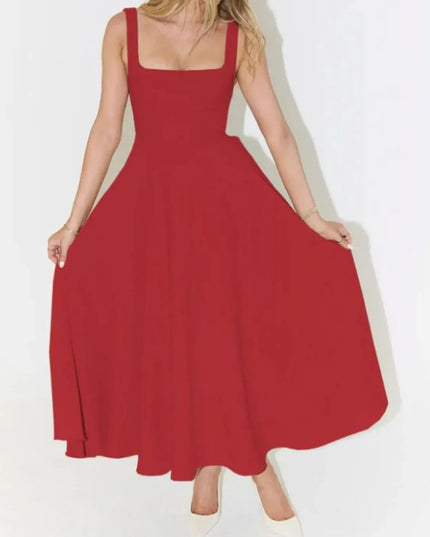 Square Neck Sleeveless Midi Dress Red