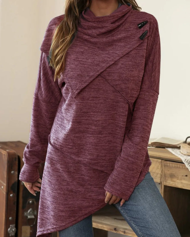 Asymmetrical Hem Cowl Neck Long Sleeve T-Shirt Deep Purple