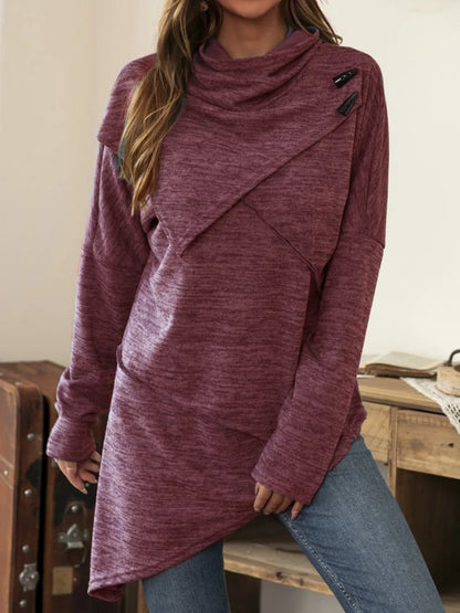 Asymmetrical Hem Cowl Neck Long Sleeve T-Shirt Deep Purple