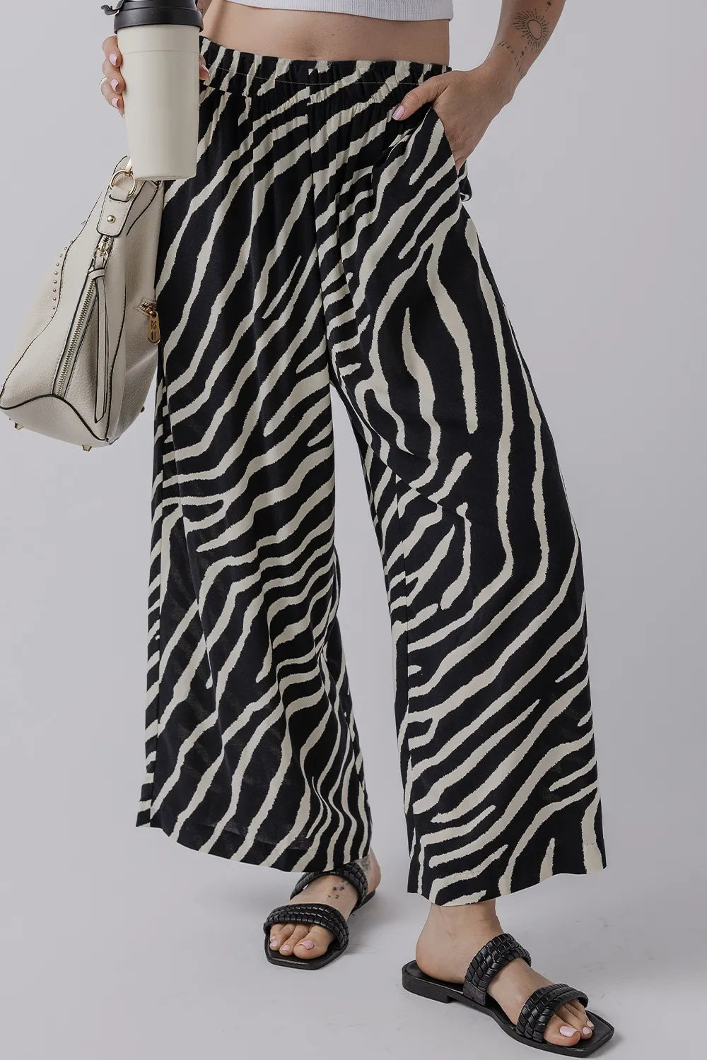 Zebra Striped Summer Wide Leg Pants Black