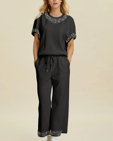 Double Take Full Size Pearl Detail Round Neck Top and Pants Set