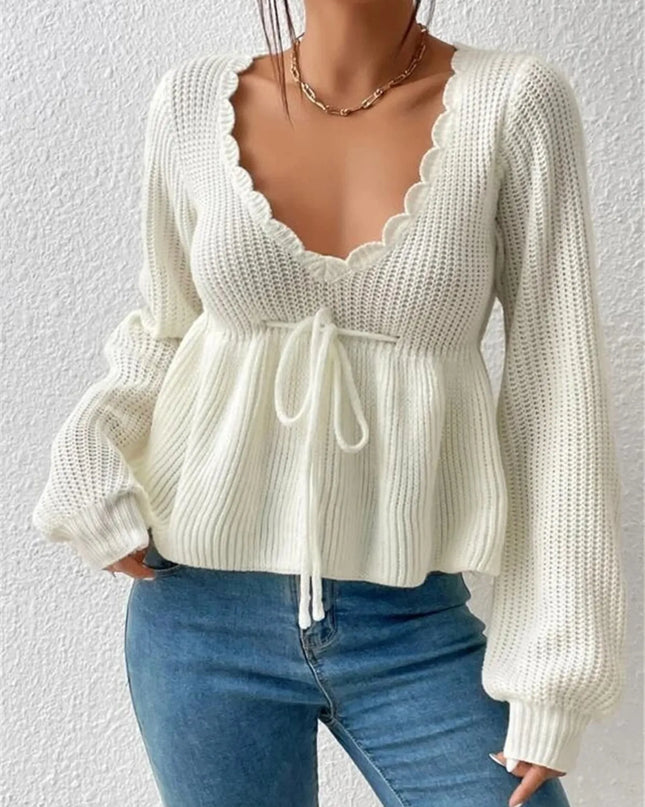 Scalloped V-Neck Drawstring Knit Top White