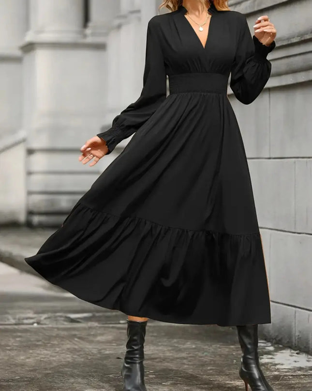 Notched Long Sleeve Tiered Dress