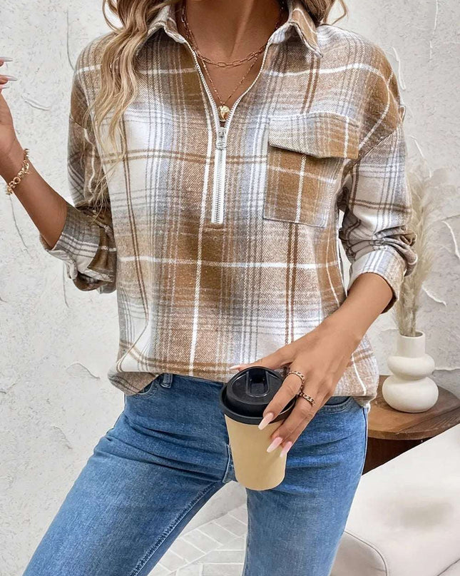 Plaid Collared Neck Half Zip Long Sleeve Top Camel