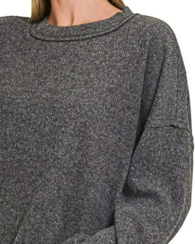 Zenana Full Size Brushed Ribbed Hacci Drop Shoulder Sweater Plus Size