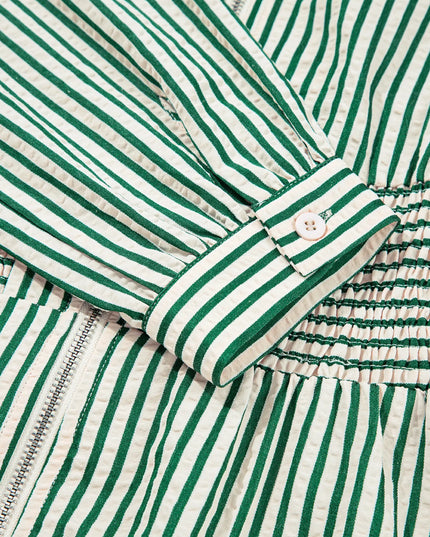 Stripe V Neck Zip Front Cinched High Waist Midi Dress