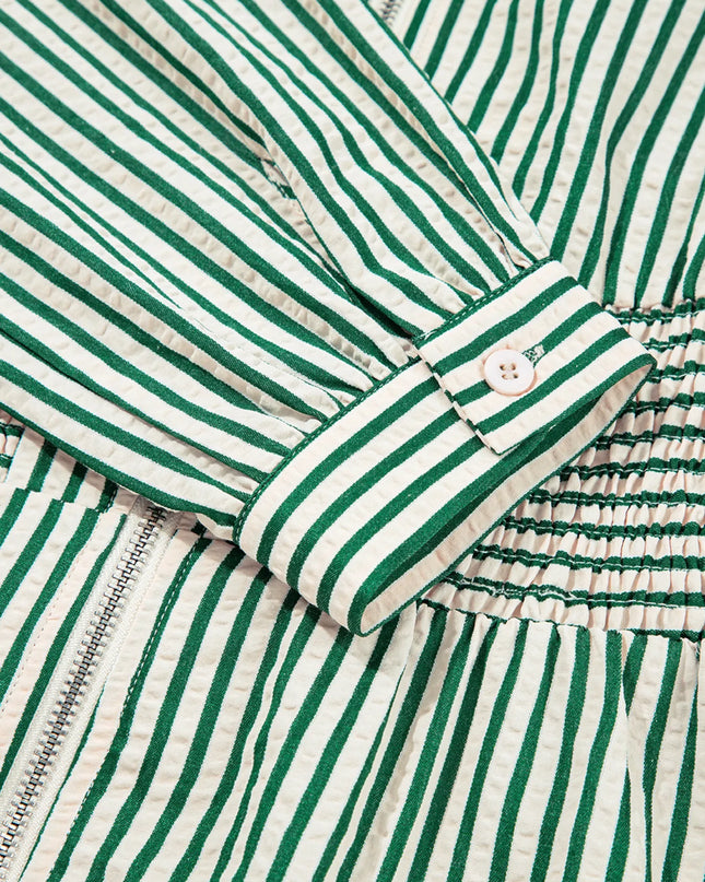 Stripe V Neck Zip Front Cinched High Waist Midi Dress