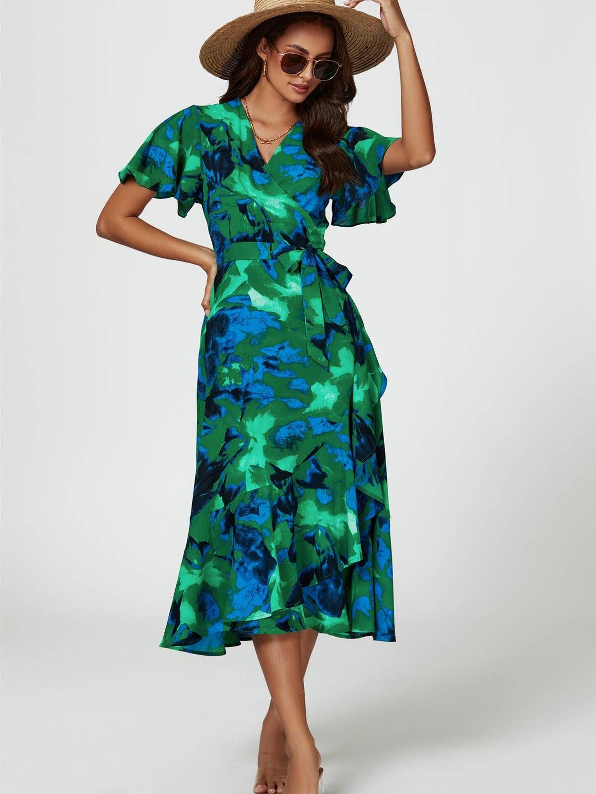 Abstract Print Midi Wrap Dress in Green