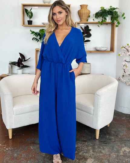 Double Take Full Size Surplice Wide Leg Jumpsuit with Pockets