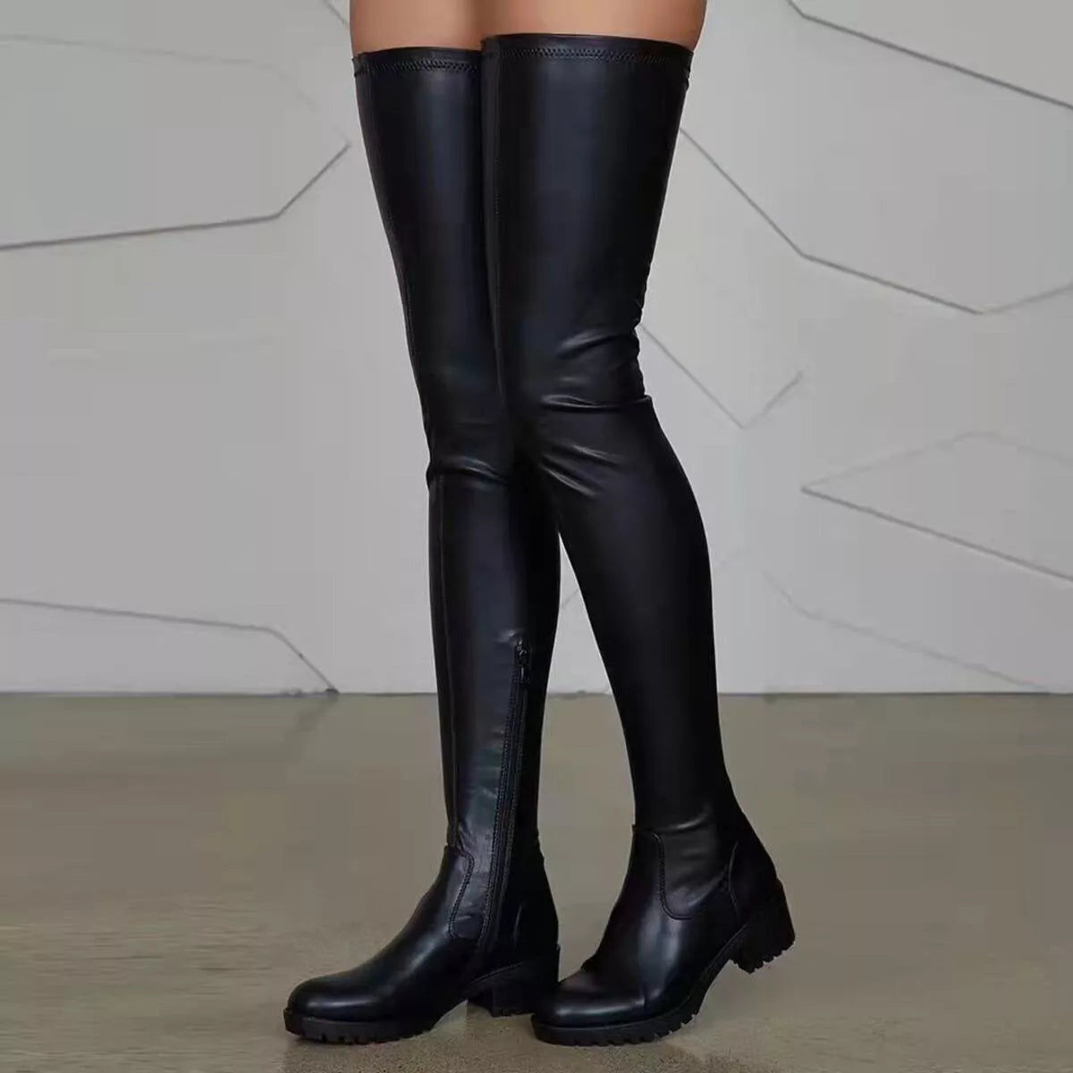 Over-the-Knee Block Heels Boots Black