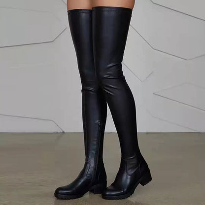 Over-the-Knee Block Heels Boots Black