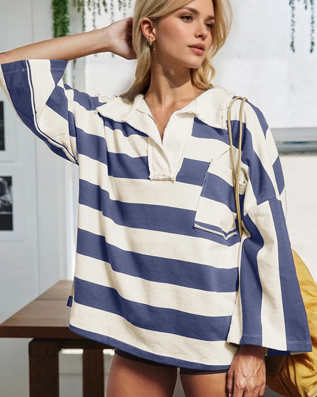 Oh Striped Johnny Collar Long Sleeve T-Shirt Dusty Blue