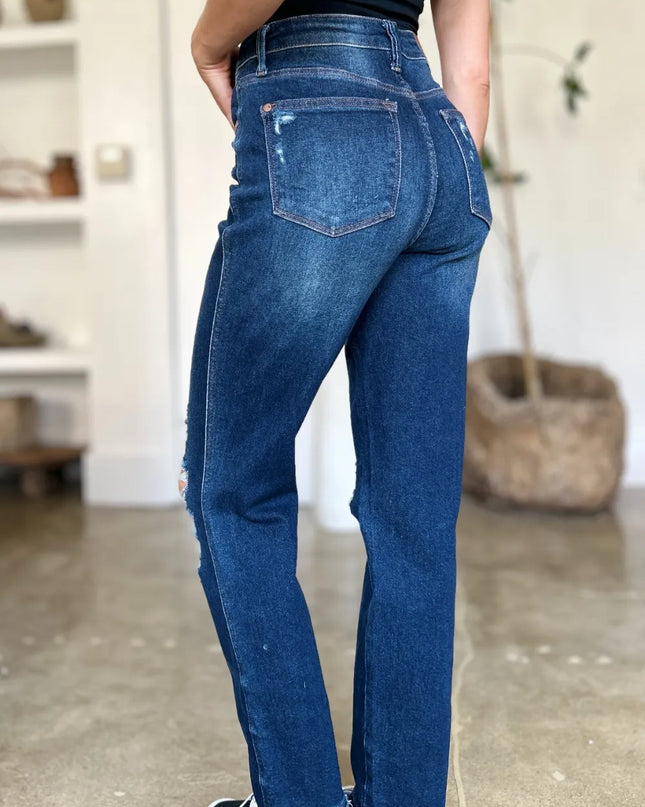 Judy Blue Full Size High Waist Rigid Magic Heavy Destroy Straight Jeans 