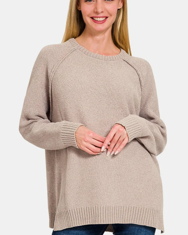 Zenana Side Slit Raglan Sleeve Sweater Light Mocha