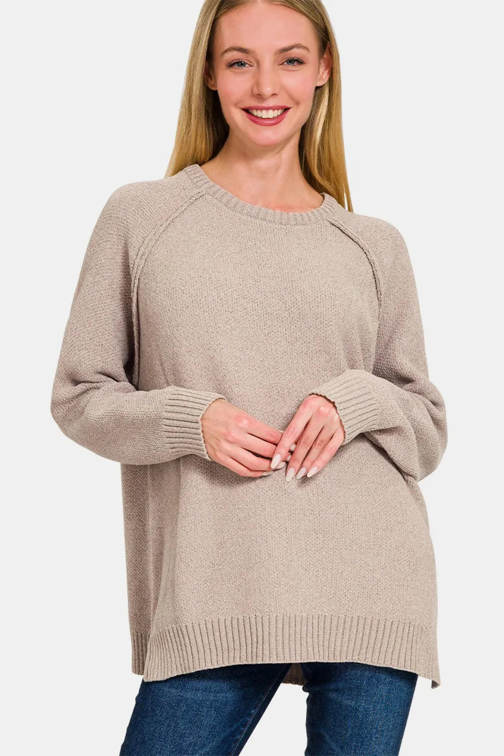 Zenana Side Slit Raglan Sleeve Sweater Light Mocha