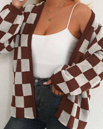 Checkerboard Pattern Open Front Knit Cardigan Caramel
