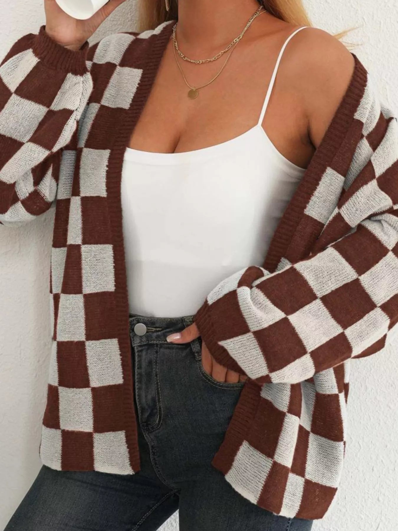 Checkerboard Pattern Open Front Knit Cardigan Caramel