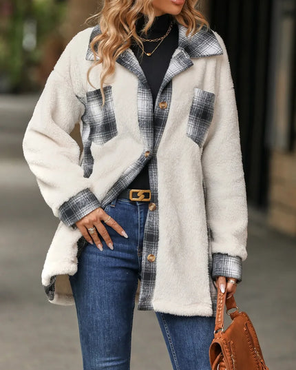 Plaid Contrast Dropped Shoulder Coat White