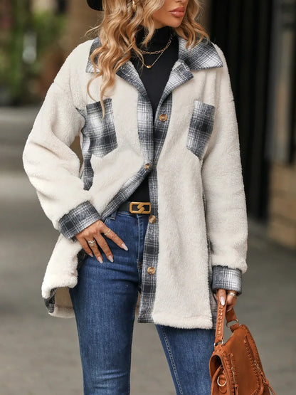 Plaid Contrast Dropped Shoulder Coat White