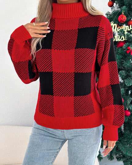 Christmas Plaid Long Sleeve Turtleneck Sweater