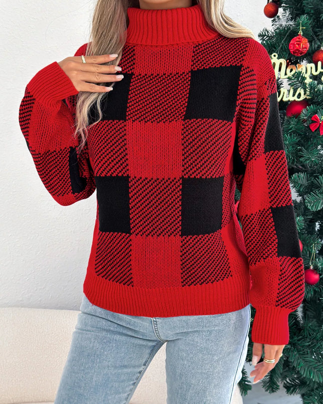 Christmas Plaid Long Sleeve Turtleneck Sweater