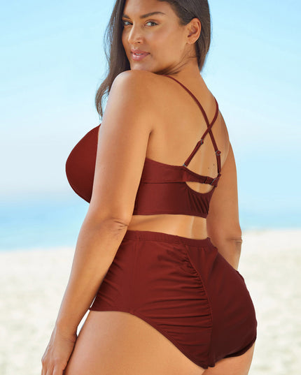 Full Size Halter Neck Crisscross Ruched Two-Piece Swimsuit