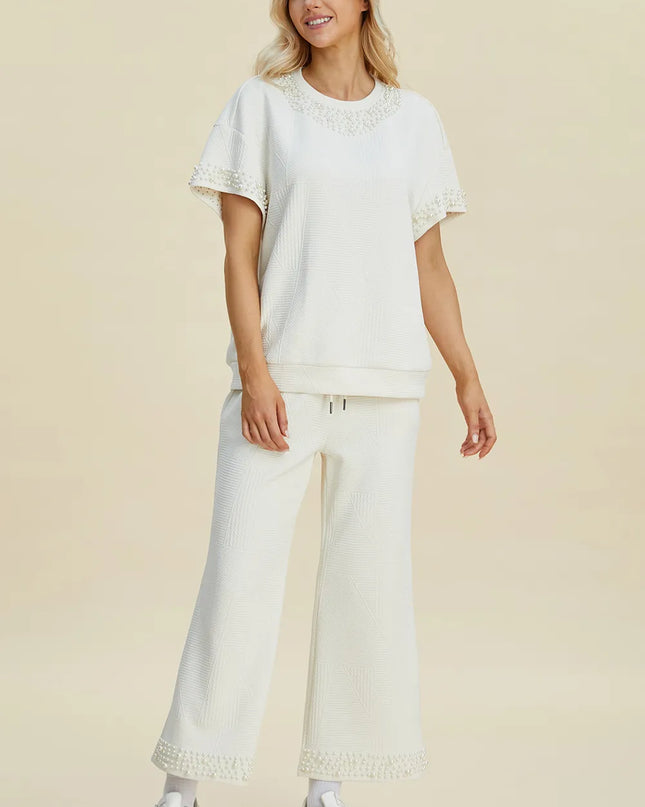 Double Take Full Size Pearl Detail Round Neck Top and Pants Set