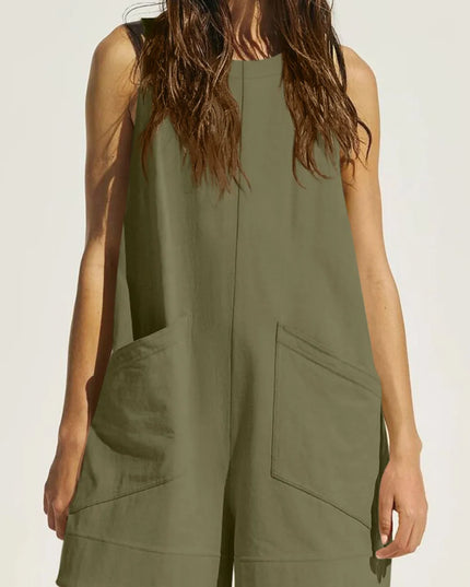 Lovelet Round Neck Sleeveless Romper with Pockets