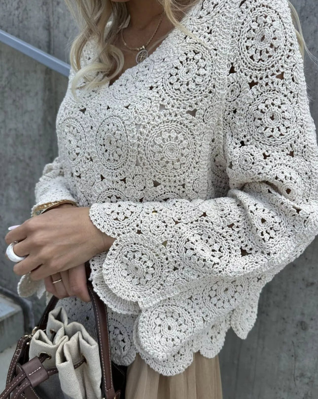 Crochet Lace V-Neck Bell Sleeve Knit Top