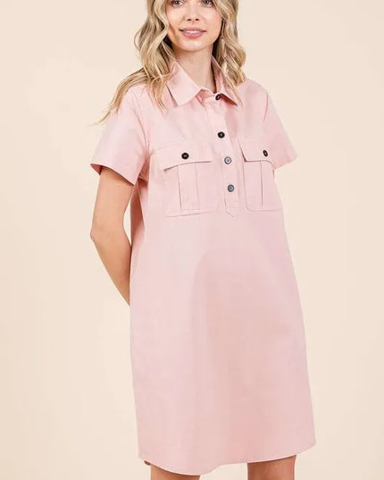 Mittoshop Button Detail Collared Neck Short Sleeve Shirt Dress