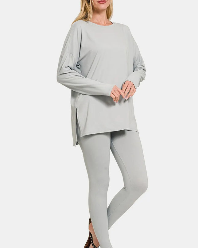 Zenana Full Size Brushed Microfiber Top and Leggings Lounge Set Lt Grey