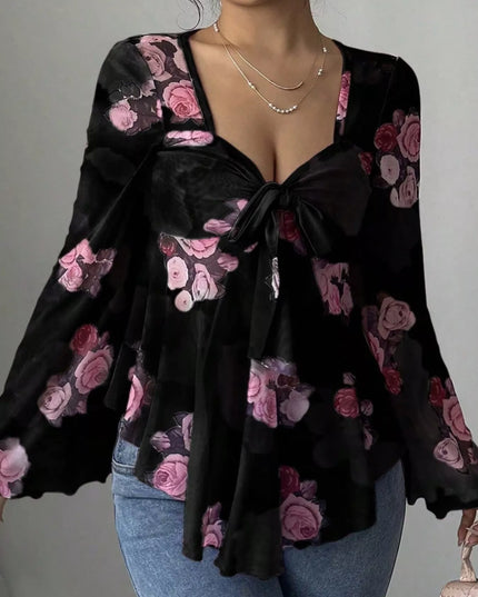 Floral Print Tie Front Flare Sleeve Blouse