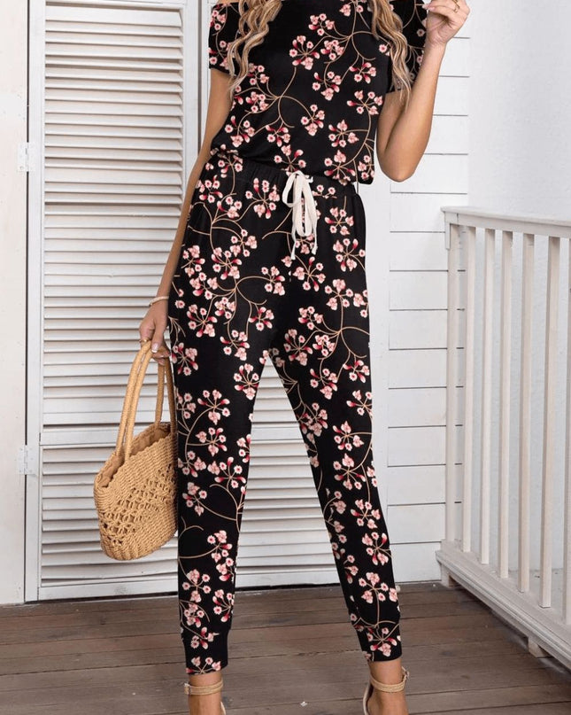 Asymmetrical Neck Short Sleeve Jumpsuit Black