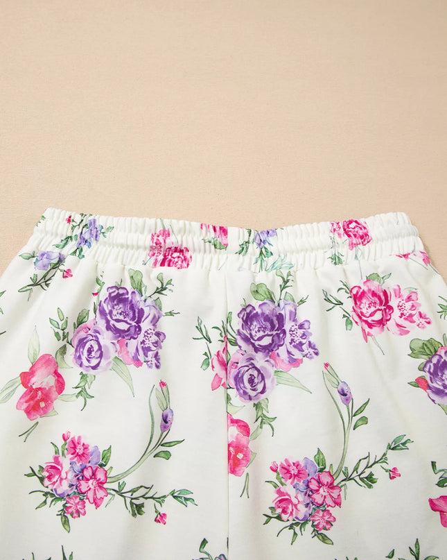 Floral Print Round Neck Top and Drawstring Pants Lounge Set