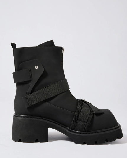 Chunky Platform Boots with Buckle Straps and Front Zip
