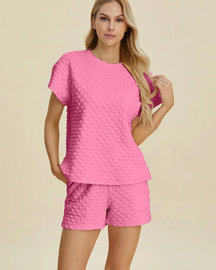 Double Take Full Size Texture T-Shirt and Shorts Set