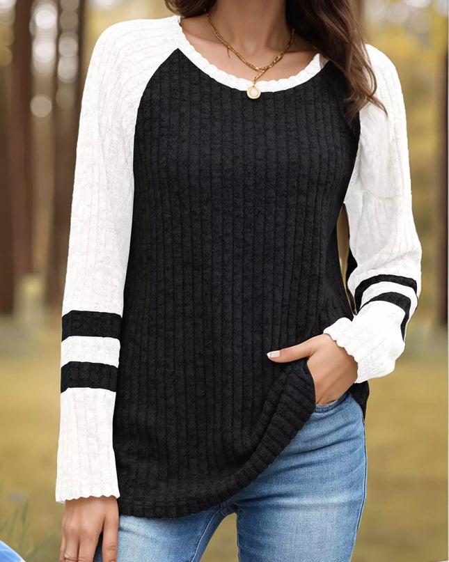 Ribbed Round Neck Raglan Sleeve Top Black