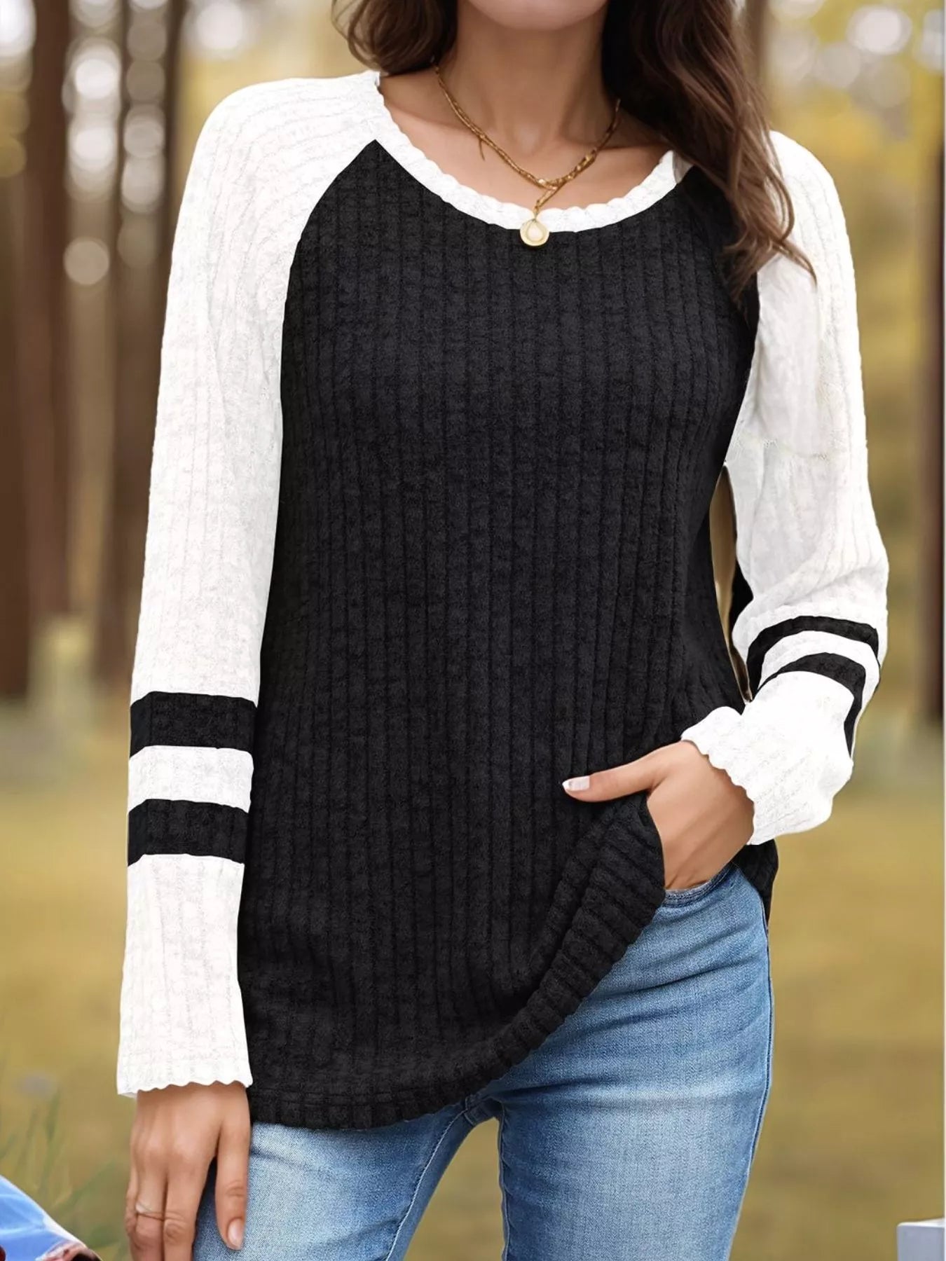 Ribbed Round Neck Raglan Sleeve Top Black