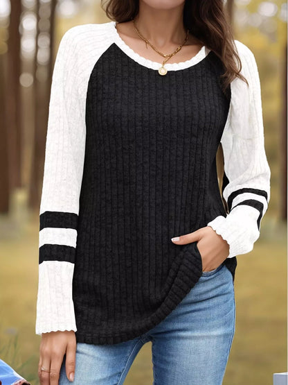 Ribbed Round Neck Raglan Sleeve Top Black