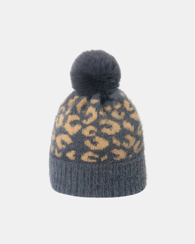 Leopard Hat with Pompom Dark Gray One Size