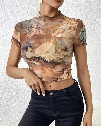 Abstract Print Ruffled Mock Neck Crop T-Shirt