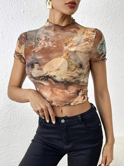 Abstract Print Ruffled Mock Neck Crop T-Shirt