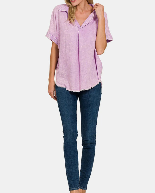 Zenana Washed Linen Raw Hem V-Neck Shirt