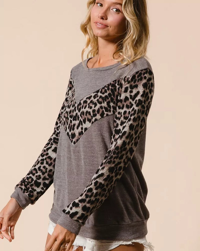 BiBi Sweater Knit Top With Leopard V Shape Block