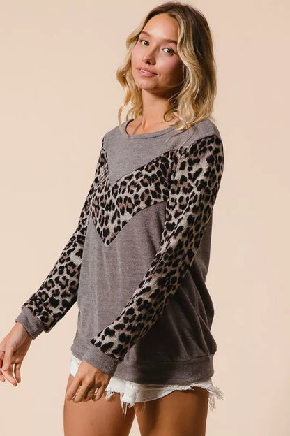BiBi Sweater Knit Top With Leopard V Shape Block