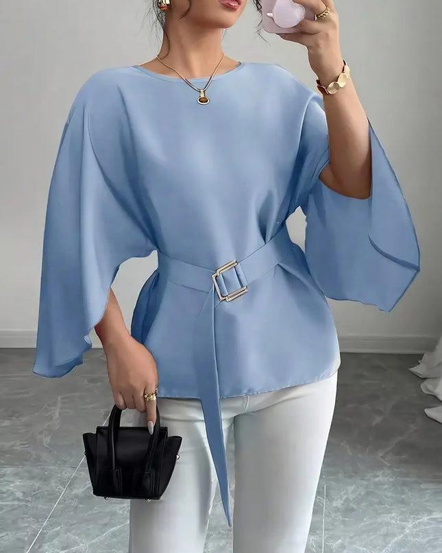 Belted Round Neck Flutter Sleeves Blouse
