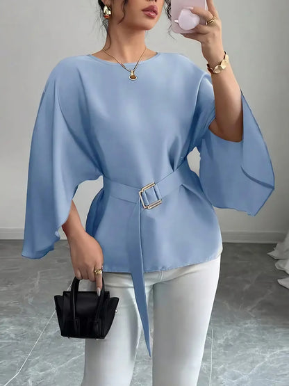 Belted Round Neck Flutter Sleeves Blouse