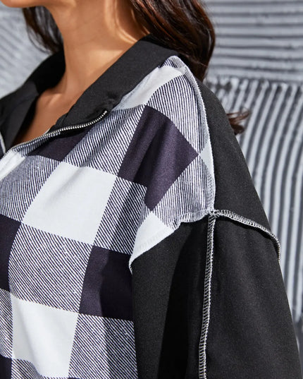 Plaid Exposed Seam Long Sleeve Blouse