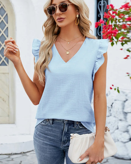 Ruffled V-Neck Cap Sleeve Blouse 