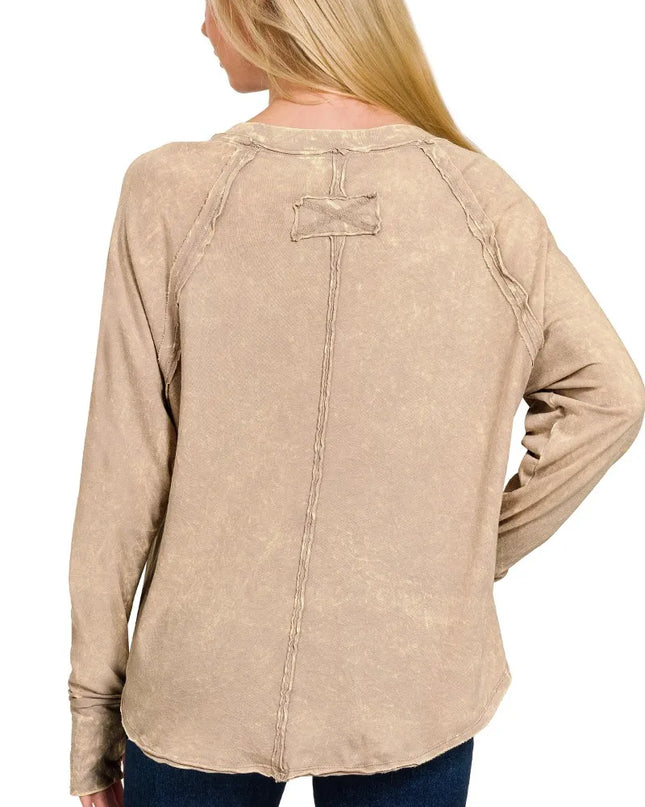 Zenana Crinkle Washed Thumb Hole Cuffs Long Sleeve Top